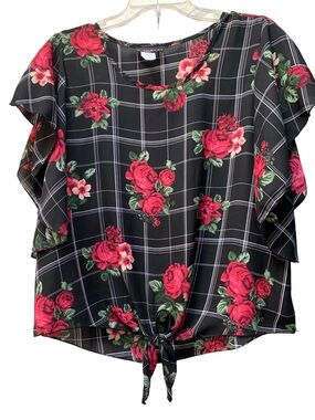 Discreet Black Floral Tie-Front Ruffle Sleeve Blouse